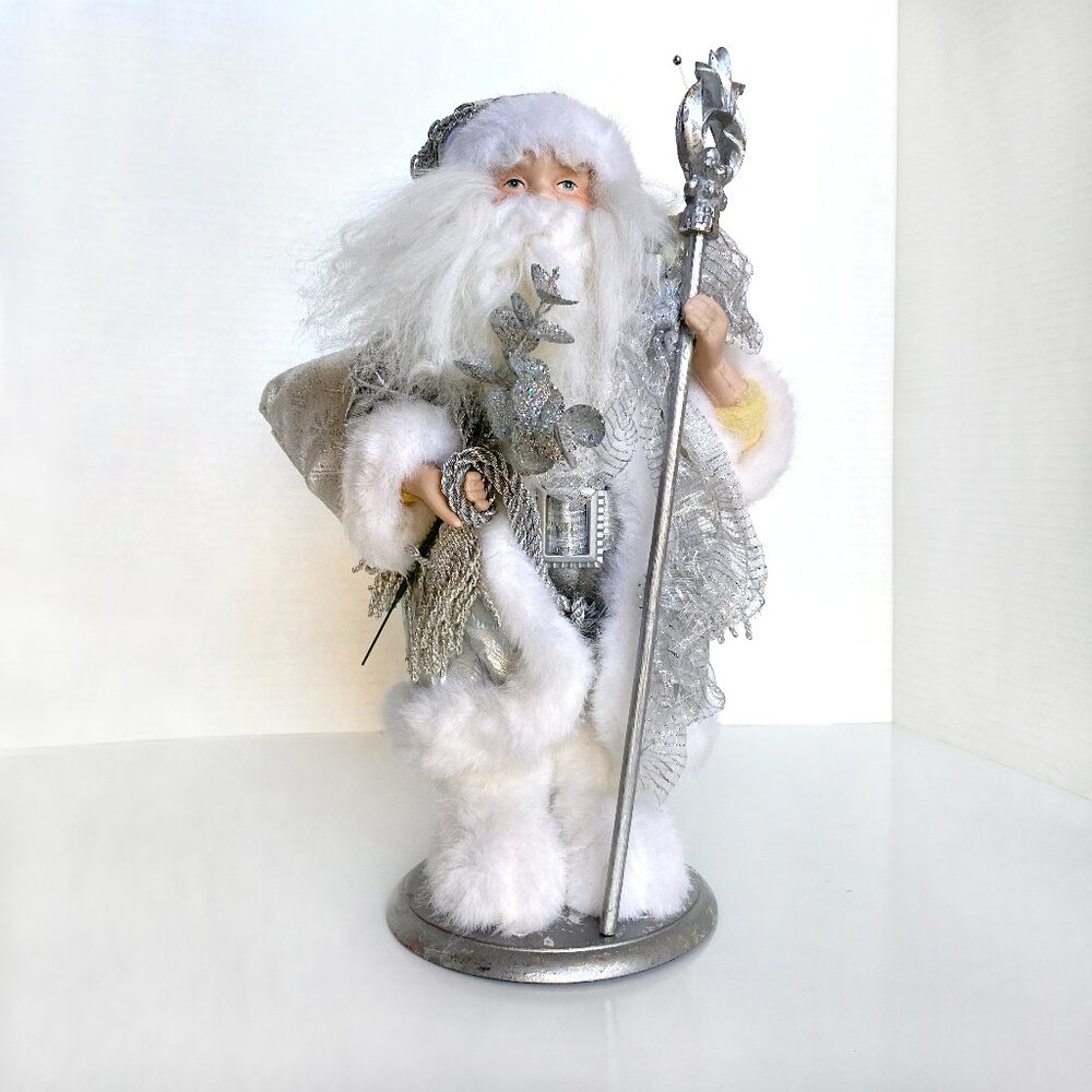 14" BEJEWELED Silver Christmas Santa Claus Figurine Statue Crystals